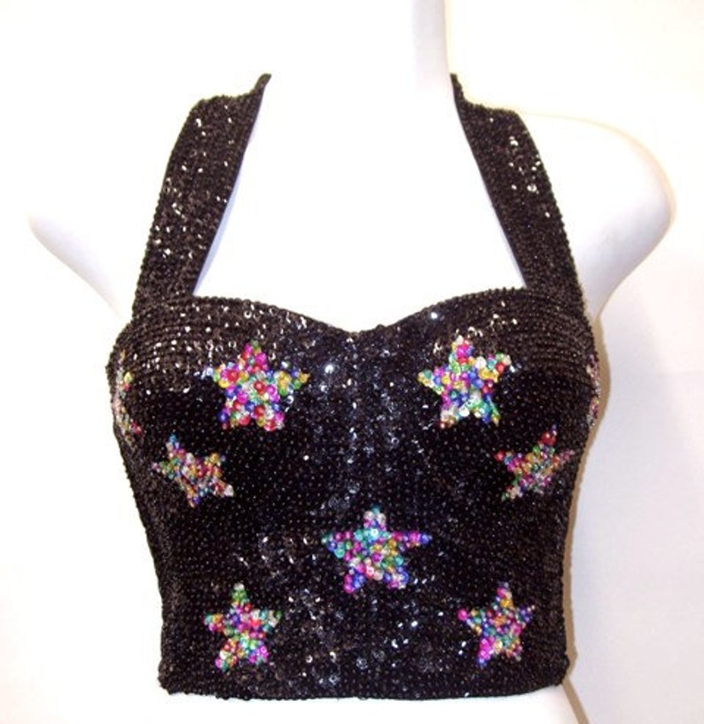 Sequin Bustier Halter Top BLACK W/multi STARS Etsy