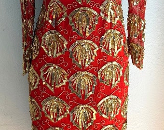 Sequin Long Dress Red Gold