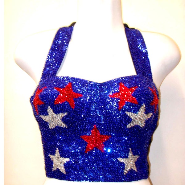 Sequin Bustier Halter Top BLUE w/RED & SILVER Stars
