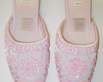 Slippers Sequin Satin Beaded Flippers PINK