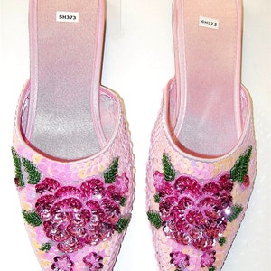 Slippers Sequin Satin Beaded Flippers PINK/FUSHIA