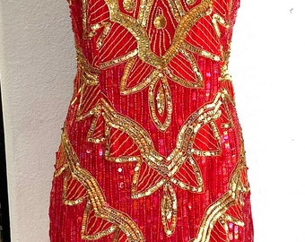 Sequin Lace Beaded Dress Red Gold size S only