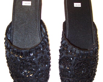 Slippers Sequin Satin Beaded Flippers BLACK