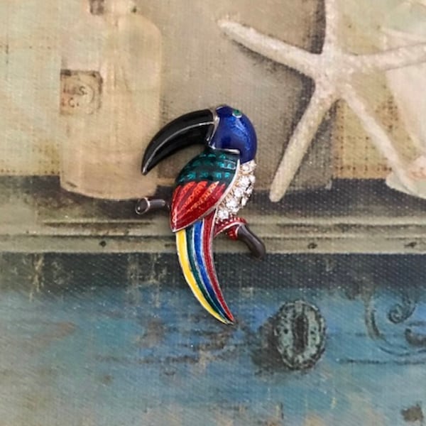 Vintage Enamel Bird Brooch, Vintage Parrot Brooch, Victorian Enamel Brooch, Assemblage Jewelry, No Pin