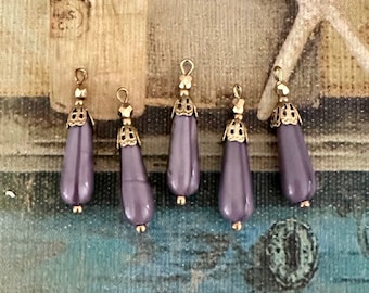 4 Vintage Glass Tear Drops, Vintage Chez Glass Beads, Lilac Opaline Pear Drops, Purple Beads