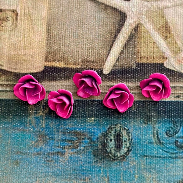 2 Vintage Enamel Brass Flower Cabochons, 12mm Victorian Rose Beads, Assemblage Jewelry, Neon Pink Flowers, Made in USA