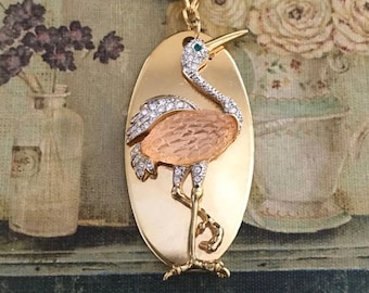 Vintage Rhinestone Flamingo Brooch Necklace, Vintage Assemblage Jewelry, Vintage Brooch