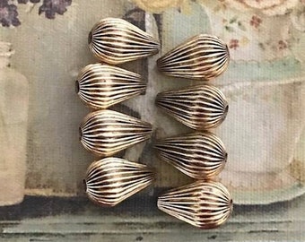 4 Vintage Brass Teardrop Beads, Metal Corrugated Beads, Vintage Large Metal Beads, Victorian Antique Gold Teardrops