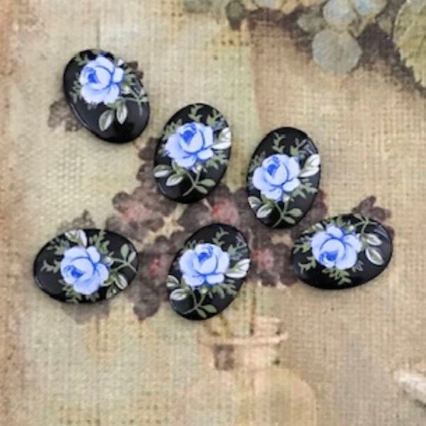 3 Vintage Limoge Flower Cabochon, 14x10mm Glass Cabochon, Made in Japan, Porcelain Decal Cameo