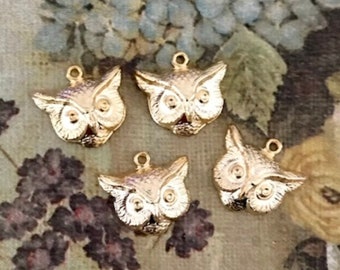 Vintage Owl Charm, Gold Owl Charm, Owl Stamping, Owl Pendant, Made in USA