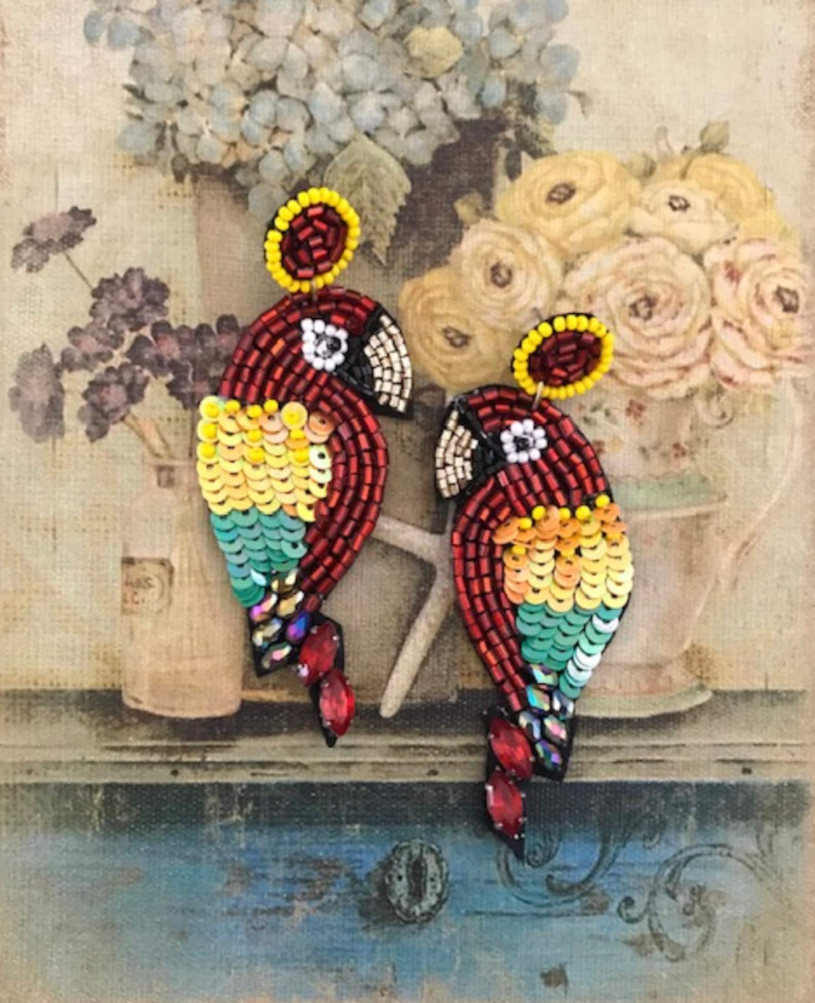 Sequin Bird Earring Handmade Beaded Parrot Earring Etsy