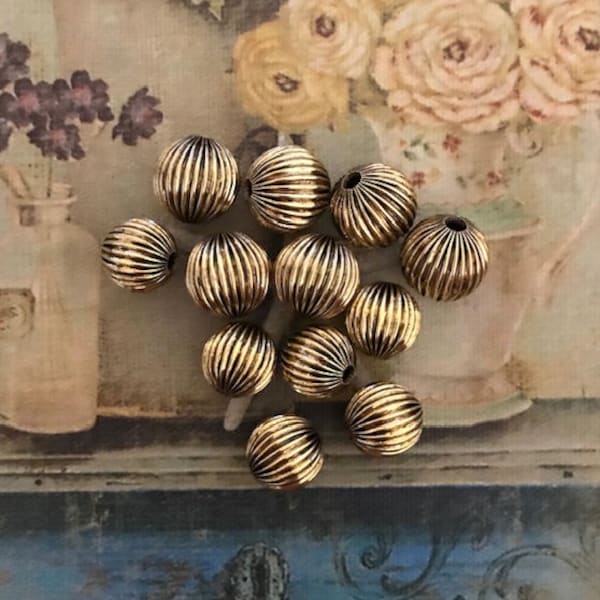 6 Vintage Brass Beads, 12mm, 14mm Corrugated Beads, Vintage Large Metal Beads, Victorian Antique Gold Beads