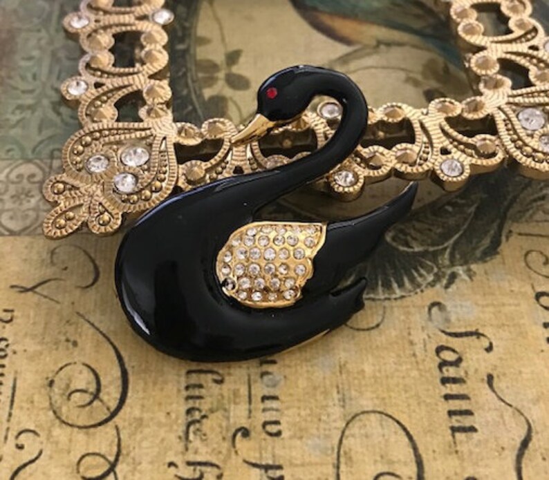 Assemblage Jewelry Vintage Rhinestone Enamel Swan Brooch Animal Brooch Victorian Enamel Brooch