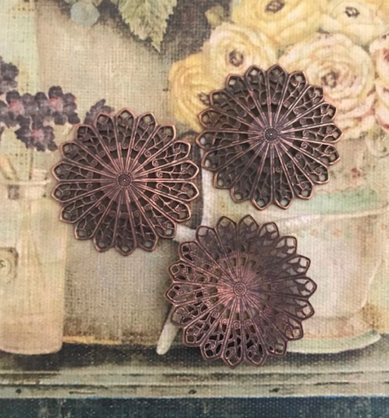 34mm Vintage Stampings Vintage Findings 5 Vintage Victorian Era Antique Copper Filigree Flower