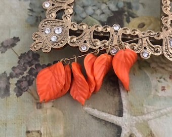 6 Vintage Glass Leaf Charm, Opaque Orange Leaf Drops, Vintage Leaf Beads