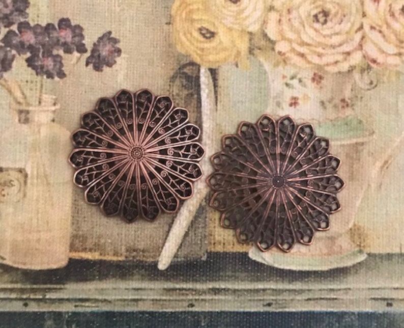 34mm Vintage Stampings Vintage Findings 5 Vintage Victorian Era Antique Copper Filigree Flower