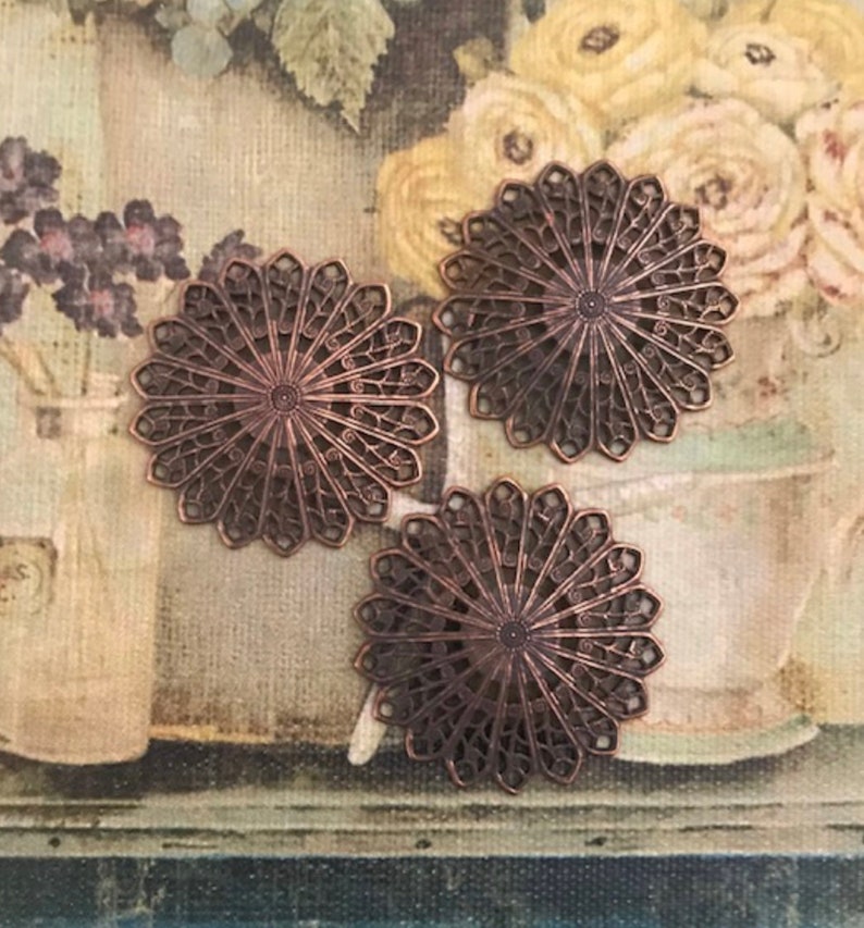 34mm Vintage Stampings Vintage Findings 5 Vintage Victorian Era Antique Copper Filigree Flower