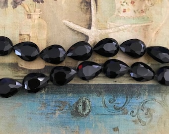 4 Faceted Glass Tear Drop Beads, Shabby Chic Tear Drops, Faceted Briolette, 18x13mm Tear Drops, Jet Black