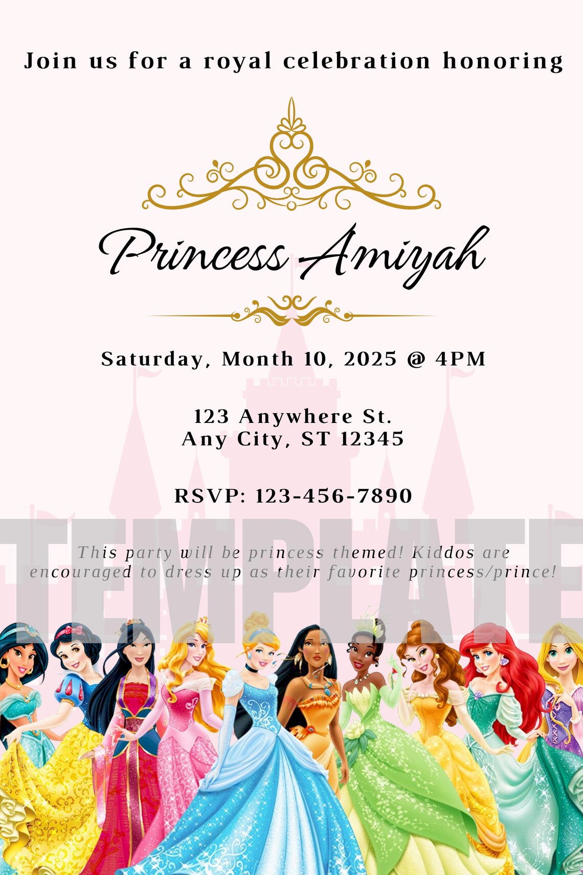 Princess Theme Birthday Party Invitation Canva Template - Instant ...