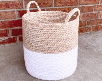 Crochet Two Tone Basket Pattern • Large Crochet Basket • Woven Basket with Handles • PDF pattern • Easy Basket Crochet Pattern