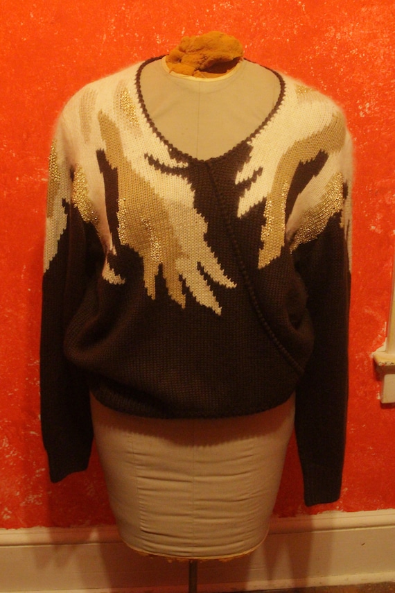 80's Asymmetric Brown Sweater with metallic and a… - image 1