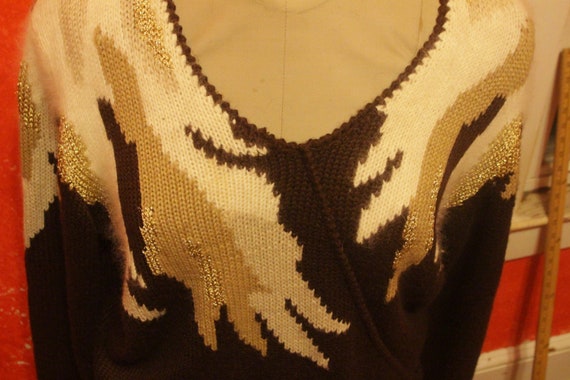 80's Asymmetric Brown Sweater with metallic and a… - image 2