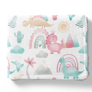 Pink dinosaur blanket, Dinosaur nursery,  Girl dinosaur blanket, Dinosaur themed nursery, Rainbow dinosaur nursery, Rainbow blanket - PiD