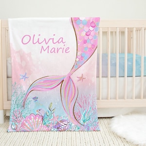 Personalized mermaid tail blanket, Custom name girl blanket, Under the sea blanket, Mermaid bedding, Mermaid baby gift, Mermaid nursery  PiM