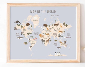 Animal World Map, Kids World Map, Gender Neutral Nursery Art