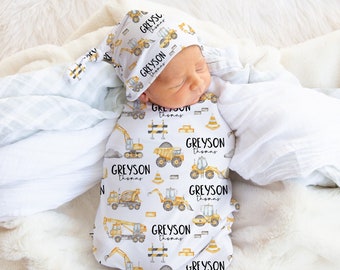 Construction swaddle blanket, Personalized Baby boy swaddle and hat set, Construction Hospital Receiving blanket, Under Construction