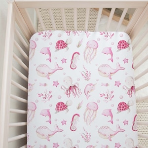 Girl Under The Sea Nursery, Under The Sea Crib Sheet, Ocean Crib Bedding, Pink Sea Animals Crib Sheet, Newborn Gift, Marine Crib Sheet - PiO