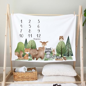 Woodland Milestone, Woodland Animals Blanket, Baby growth blanket boy, Expecting mom gift, Boy Monthly Blanket, Baby Growth Tracker- Tiw