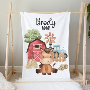 Horse blanket, Personalized farm blanket, Farm nursery bedding, Red barnyard blanket, Farm animals baby gift, Newborn gift, New mom gift