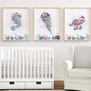 Under the sea nursery girl prints, ocean girls room wall art, Sea girl nursery, Baby girl room prints Set of 3 - DIGITAL DOWNLOAD - MeW