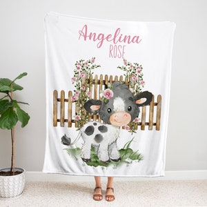 Personalized cow baby blanket, Floral cow blanket, Floral farm blanket, Cow nursery bedding, Farm animals baby gift, Newborn gift - FlF