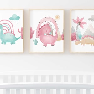 Arte de la pared del dinosaurio rosa, impresiones del vivero del dinosaurio del arco iris, decoración de la habitación del dinosaurio, impresión del dinosaurio de la niña, juego del vivero del dinosaurio de 3 DESCARGA DIGITAL - PiD