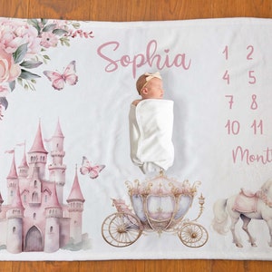 Princess Milestone blanket, Pink Castle blanket, Girl growth blanket, Expecting mom gift, Girl Monthly blanket, Baby Growth Tracker - LiPr