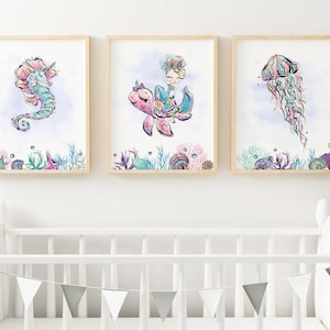 Mermaid nursery prints, Under the Sea wall decor girl, Baby girl room prints, Mermaid wall art girl, Set of 3 - DIGITAL DOWNLOAD - MeW