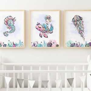 Mermaid nursery prints, Under the Sea wall decor girl, Baby girl room prints, Mermaid wall art girl, Set of 3 - DIGITAL DOWNLOAD - MeW