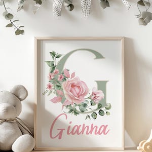 Arte de parede com nome personalizado de rosas, impressão de rosas em aquarela, impressão de nome inicial personalizado, arte floral para berçário, arte de impressão de letras - DOWNLOAD DIGITAL
