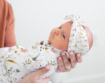 Wildflower swaddle set, Wildflower blanket and headband, Floral swaddle, Floral baby girl swaddle, Hospital Baby Blanket, Newborn wrap - ViG