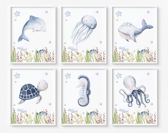 Under the sea wall art, Ocean nursery Prints, Under the sea room decor, Underwater animals print, Sea nursery Set of 6  DIGITAL DOWNLOAD LiO