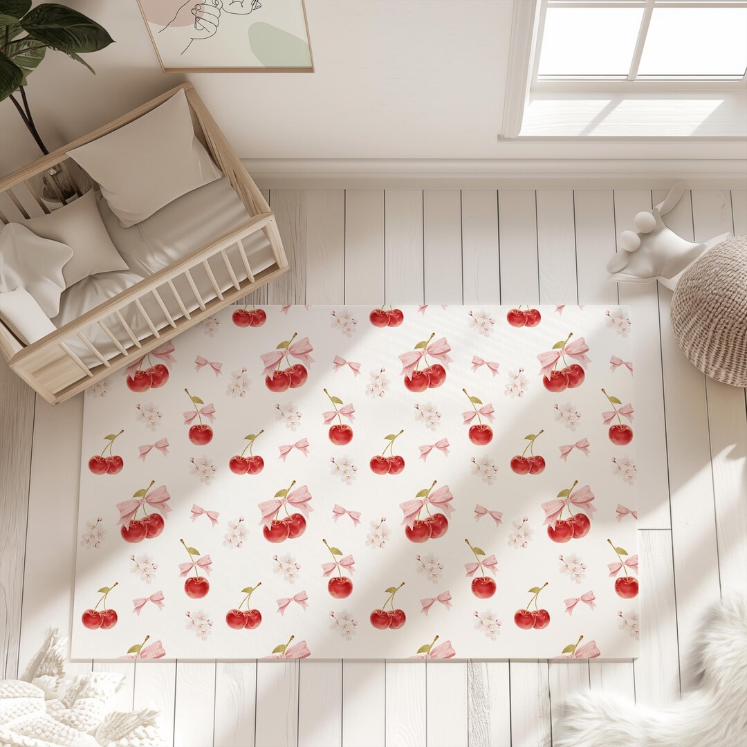 Red Cherry Rug, Pink Coquette Bow Cherry Rug, Cherry Room Decor, Girls ...