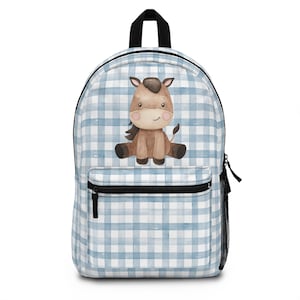 Horse Backpack, Blue Gingham Backpack, Preppy Boys Backpack, Farm Backpack, Farm School Bag, Toddler Backpack, Horse Bookbag, Kindergarten