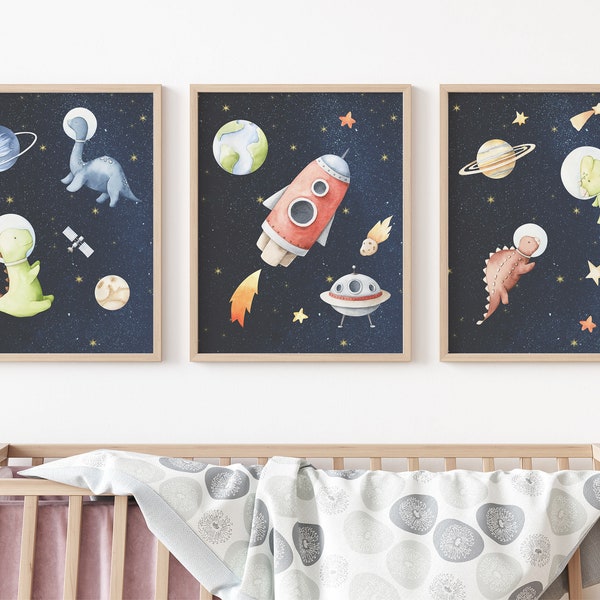 Dinosaur space wall art, Dinosaur nursery Decor, Space Print, Boys room decor, Baby boy printable wall art, astronaut dinosaurs - Set of 3
