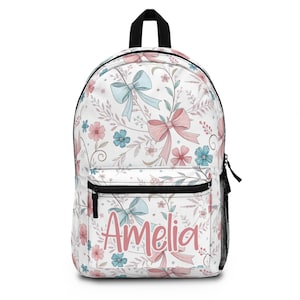 Personalized Blue and Pink Coquette Bow Backpack, Wildflowers Backpack, Coquette Bow School Bag, Coquette Rucksack, Boho Floral Backpack