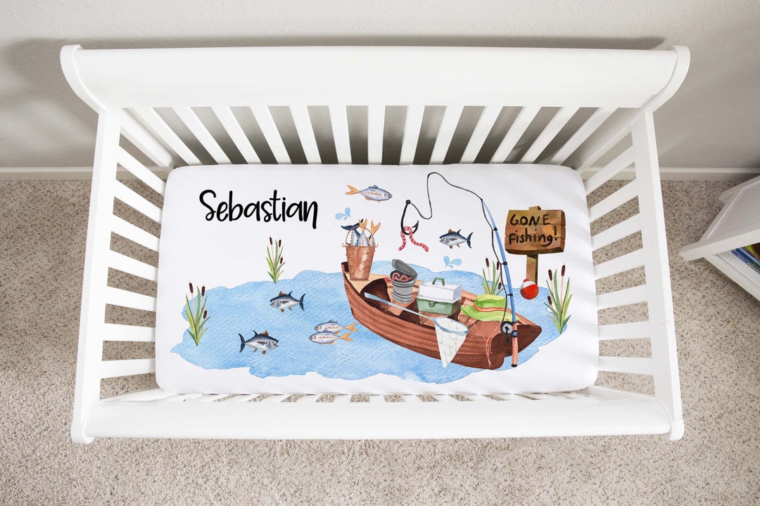 Personalized Fishing Crib Sheet, Fishing Nursery Bedding, Gone Fishing