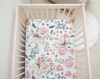 Roses Crib Sheet, Floral Nursery Bedding, Watercolor Floral Crib