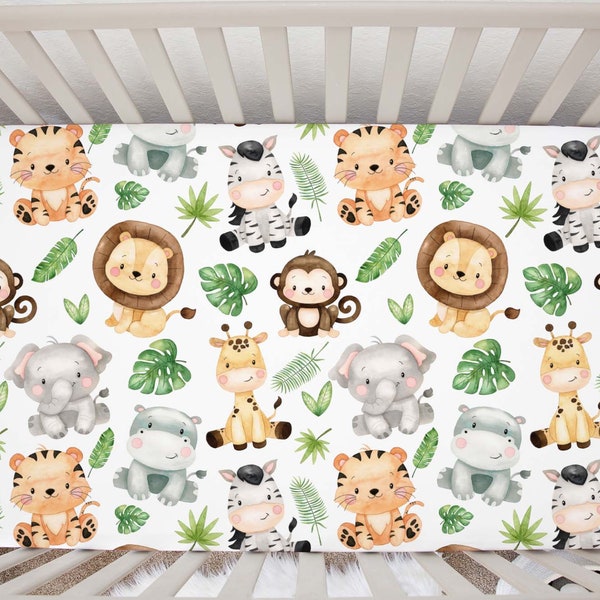 Safari Crib Sheet, Jungle Nursery Bedding, Crib Sheets Neutral, Baby Bedding, Gender Neutral Baby Gift, Fitted Crib Sheet - Sae