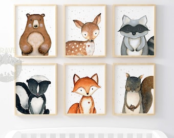 Woodland nursery Prints, Forest nursery art, Boys room decor, Baby Animal prints, Woodland Nursery, Set of 6 prints - DIGITAL DOWNLOAD - GrW